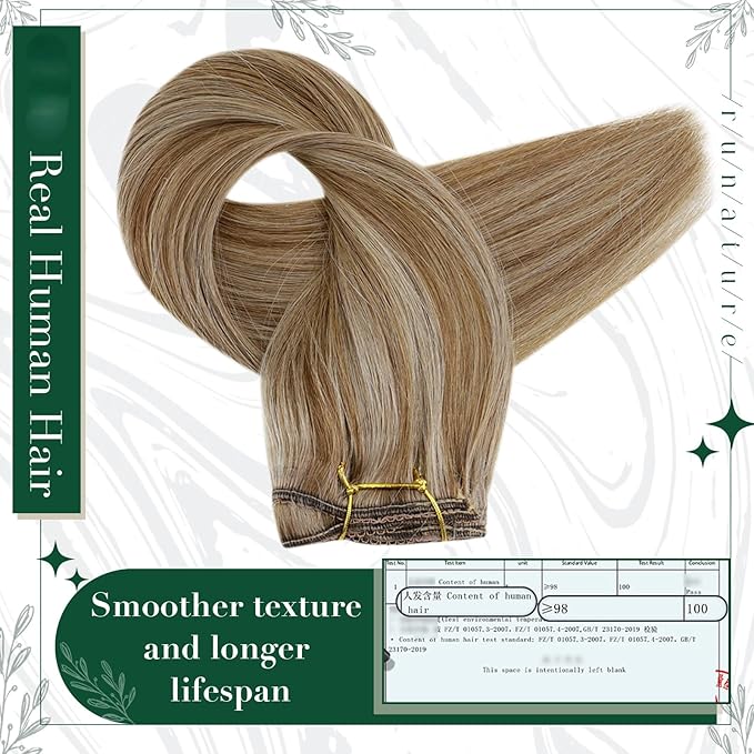 RUNATURE Clip in Hair Remy Human Hair Clip in Extensions 16 Inches Golden Brown with Golden Blonde Highlighted Color 10P16 50g 3pcs Double Weft Clip on Hair Extensions