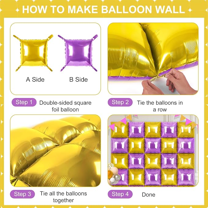 Gold and Purple Square Foil Balloons 25 Pcs Metallic Gold and Purple Balloons - Image 3
