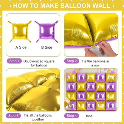 Gold and Purple Square Foil Balloons 25 Pcs Metallic Gold and Purple Balloons - Image 3