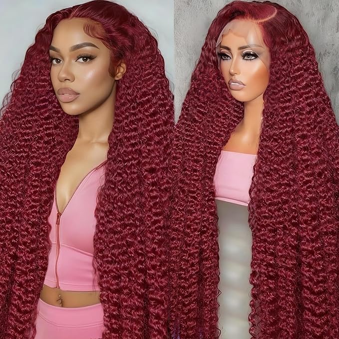 26 Inch 99J Burgundy Lace Front Wigs Human Hair Deep Wave 13x6 HD Lace Front Wigs Pre Plucked with Baby Hair Wet and Wavy Human Hair Wig 200% Density Deep Curly Frontal Wigs for Black Women