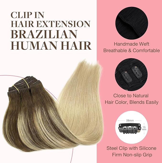 GOO GOO Clip in Hair Extensions Real Human Hair, Remy Human Hair Extensions Clip ins for Women, Natural Human Hair, 22inch 120g 7Pcs, 4/18 Balayage Chocolate Brown Highlighted Dirty Blonde