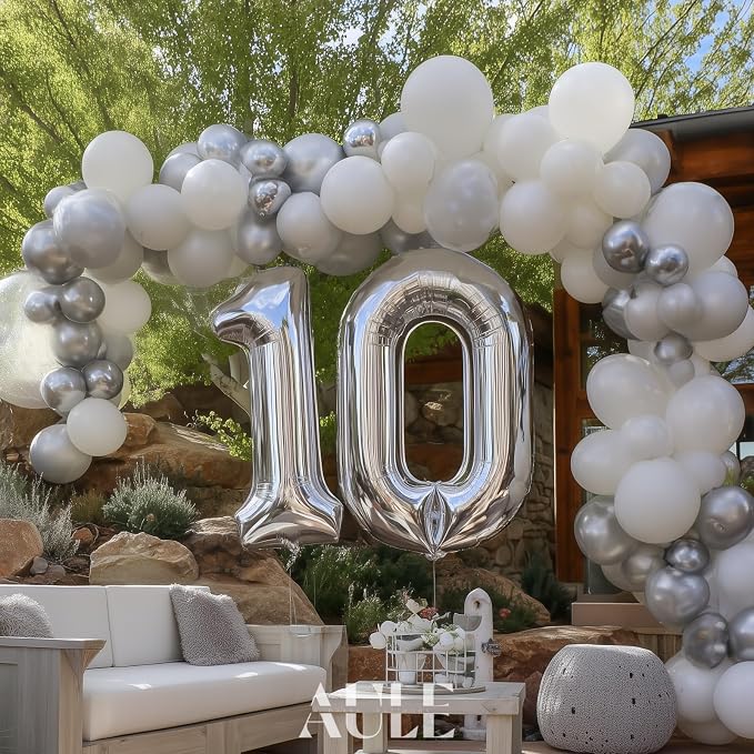 AULE 40 Inch Silver 10 Balloon Number Foil 0-9 Birthday Big Numbers | Birthday - Image 2