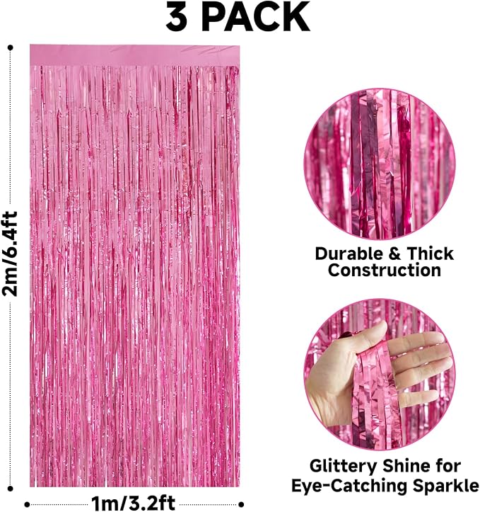 jijAcraft Pink Tinsel Foil Fringe Curtain, 3 Pack 3.2x6.5 Feet Pink Streamer - Image 2