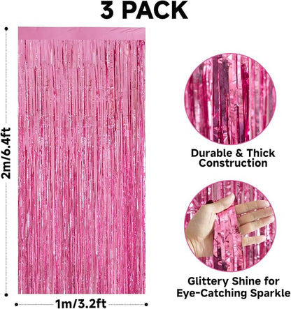jijAcraft Pink Tinsel Foil Fringe Curtain, 3 Pack 3.2x6.5 Feet Pink Streamer - Image 2