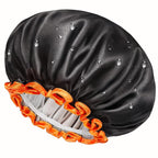 mikimini Small Black Shower Caps for Kids, Double Layers Waterproof Bathing Hair Cap with Reusable Soft Comfortable PEVA Lining, Cute, Non-fading & Stretchy Shower Hat Small Pack of 1, Black + Orange