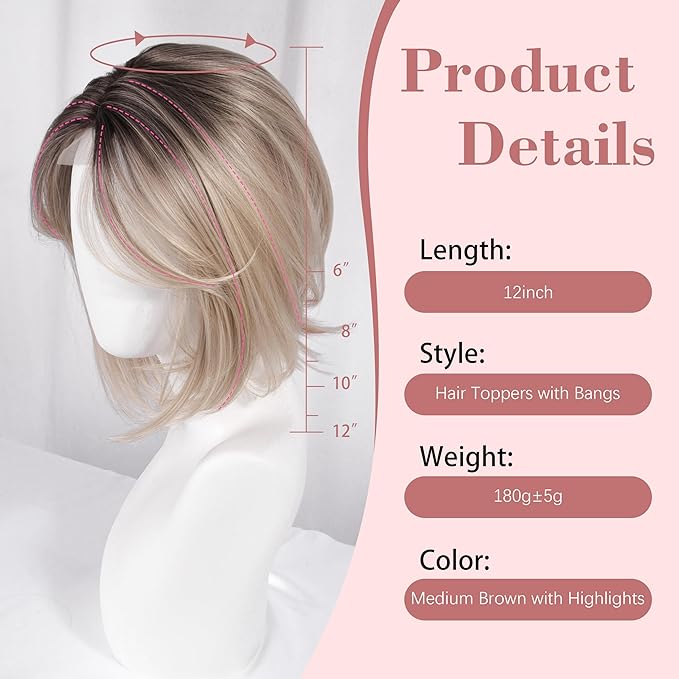 CROWN GUIDE 12 Inch Hair Toppers for Women with Thinning Hair - Synthetic Clip in Topper with Bangs Breathable Hairpiece 6.5x6.5 Base, Volume Wiglets Full Coverage (Ombre Blonde with Dark Root)