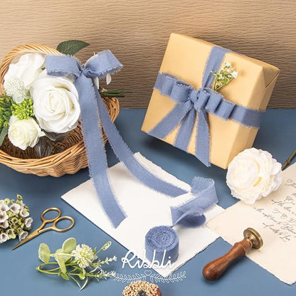 Ribbli 3 Rolls Dusty Blue Ribbon 1 Inch x 18 Yards Handmade Cotton Frayed - Image 3