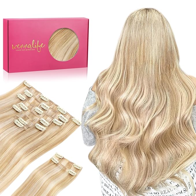 WENNALIFE Hair Extensions Clip In, 9pcs 16inch 150g Dirty Blonde Highlighted Bleach Blonde Thicker Clip In Hair Extensions Real Human Hair Remy hair extension Double Weft Clip in Human Hair Extensions