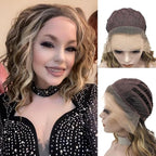 Synthetic Lace Front Wigs: Brown Highlight Ash Blonde 13*4 Inches Lace Front Wig, Short Bob Curly Wigs Synthetic Hair 16 Inches Wig Free Part with Natural Hairline Shoulder Length (Blonde Brown)