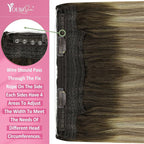 YoungSee 130G Invisible Wire Hair Extensions Light Brown Wire Hair Extensions Real Human Hair Ombre Walnut Brown to Light Brown Blonde Human Hair Fish Line Long Straight Hair 22inch