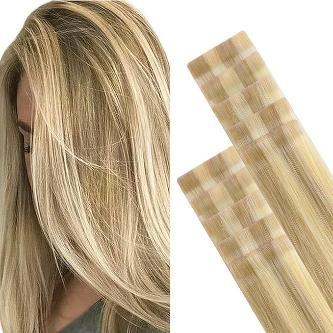 GOO GOO Invisi Edge Tape in Hair Extensions Human Hair, 16/22 Light Blonde Highlighted Golden Blonde, 10pcs 16inch 25g, Virgin Remy Hair, Seamless Injected Tape, Natural Look
