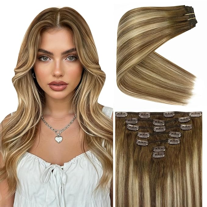 Ve Sunny Balayage Clip in Hair Extensions Real Human Hair Brown Blonde Human Hair Clip in Extensions Balayage Chestnut Brown with Blonde Ombre Clip in Human Hair Extensions 80g 5pcs 12Inch