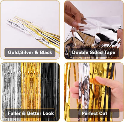 PIGETALE, 2 Pack 3.2x8.2 Feet Silver Black and Gold Tinsel Foil Fringe Curtains - Image 4