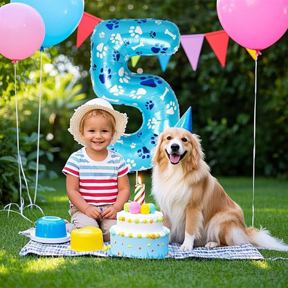 40 Inch Blue Dog Paw Birthday Balloons, Number 5 Balloons - Image 7