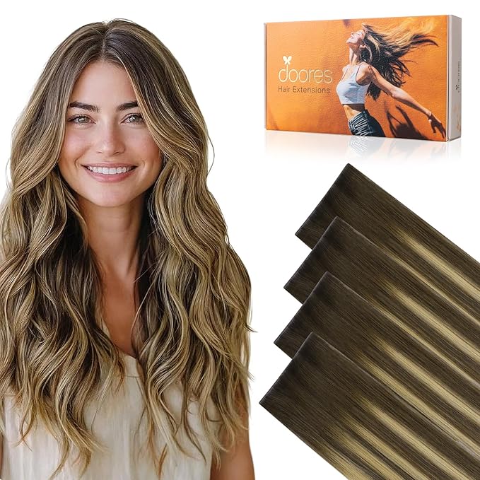DOORES Invisi Edge Tape in Wide Hair Extensions Human Hair, Chocolate Brown to Caramel Blonde 4PCS Injection Tape ins 20g 14 Inch, Virgin Human 3 Inch Wide Injected Extensions Invisible