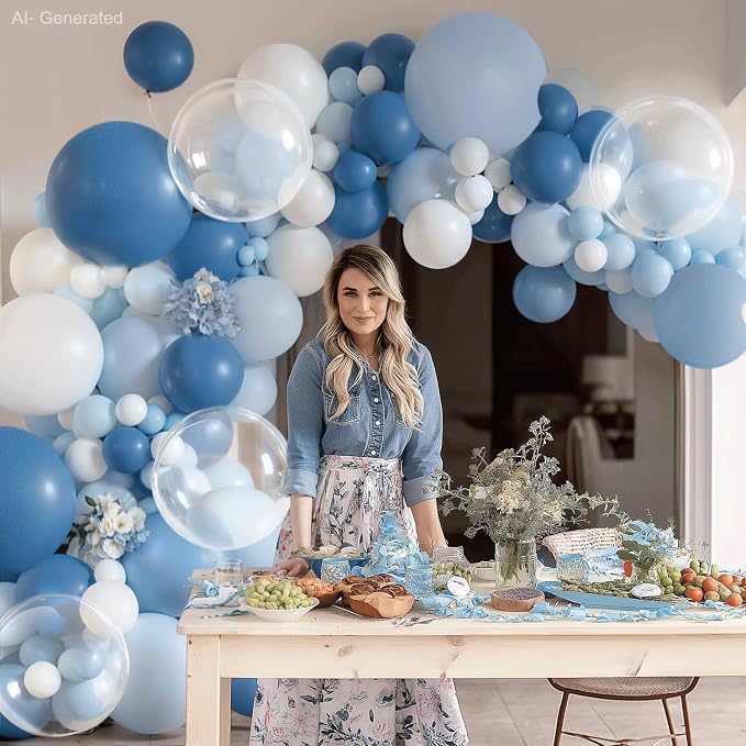 Dusty Blue White Clear Balloons Arch Kit, Party Decor. | Pastel/denim light blue - Image 7