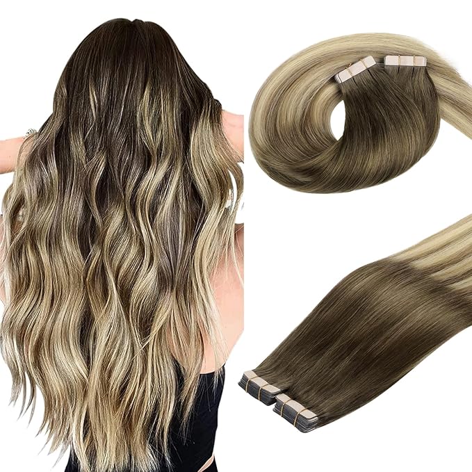 DOORES Hair Extensions Real Human Hair, Walnut Brown to Ash Brown and Bleach Blonde 10 Inch 60g 40pcs, Tape in Hair Extensions Human Hair Straight Remy Hair Natural