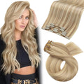 Moresoo Clip in Hair Extensions Blonde Highlights Remy Hair Extensions Clip ins Golden Blonde With Medium Blond Double Weft for Long And Straight 80g/5pcs 22 inch