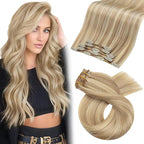 Moresoo Real Human Hair Extensions Clip ins Highlighted Blonde Clip in Human Hair Extensions Golden Blonde with Medium Blond Remy Straight for Wedding Long 80g/5pcs 20 inch