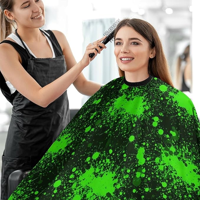 Women Green Paint Splatter Black Haircut Barber Cape Cover, Extra Large Hairdressing Apron for Home Stylists, Easy Clean