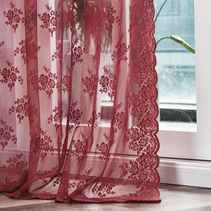 Kotile Burgundy Lace Curtains for Living Room Floral 42 x 84 Inch, 2 Panels | by Kotile+Curtains