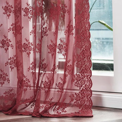 Kotile Burgundy Lace Curtains for Living Room Floral 42 x 84 Inch, 2 Panels | by Kotile+Curtains