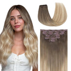 GOO GOO Clip in Hair Extensions Real Human Hair, Remy Human Hair Extensions Clip ins for Women, Natural Human Hair, 20inch 120g 7 Pcs, #9/18J/60 Chocolate Brown to Champagne Blonde Balayage