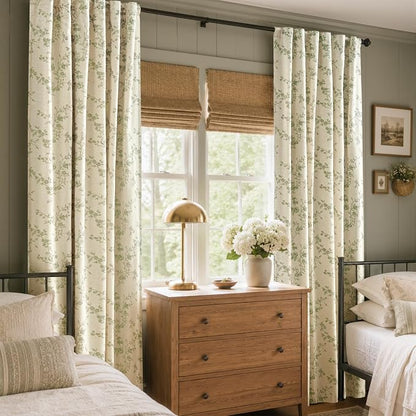 Blackout Vintage Floral Linen Curtains Green on Beige 50×84 2 Panels | Elisa - Image 6