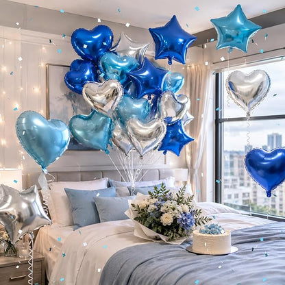 TONIFUL 18 Inch Blue & Silver Star and Heart Foil Balloons - Image 6