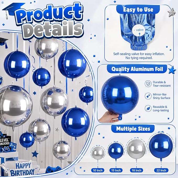 12Pcs Silver Blue Round Foil Balloons, Metallic Silver and Blue Large Balloons - Image 5