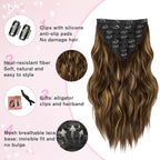 Clip in Hair Extensions, 8PCS 16 Inch Wavy Dark Brown Hair Extensions Clip Ins Mix Blonde, Synthetic Hairpieces for Women