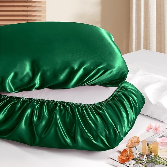 Manyshofu Satin Pillowcases for Hair Protection - 1Pcs Green Pillow Cases, Elastic Band Standard & Queen Satin Pillowcases Luxury Silky Pillow Cases Travel Pillow Covers