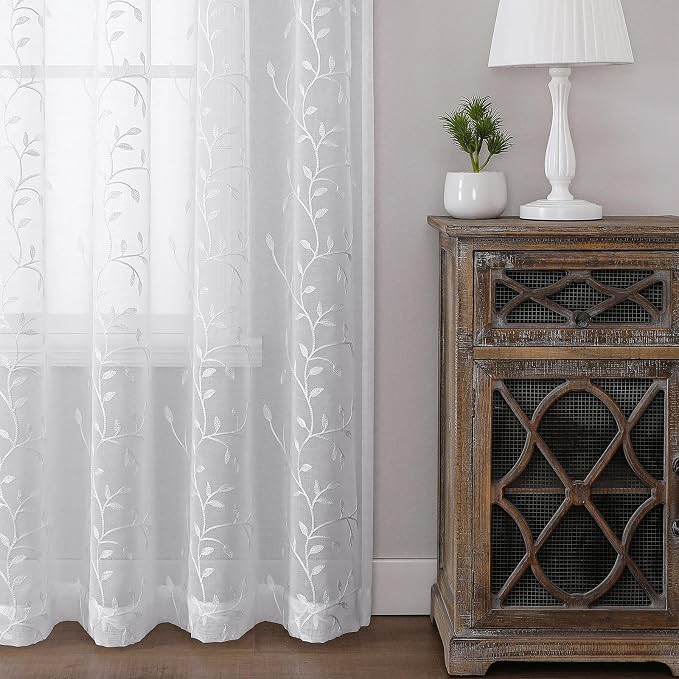 White Sheer Curtains Leaf Embroidery Linen 96 Inches Long | Light Filtering - Image 6