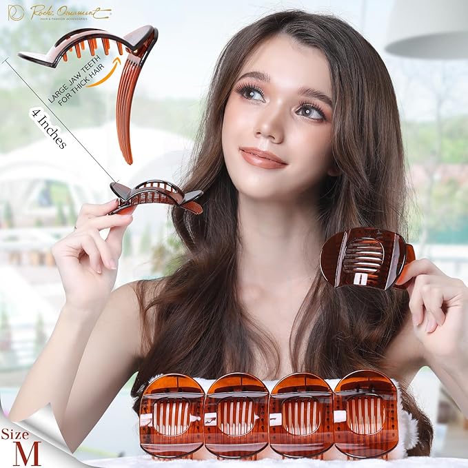 RC ROCHE 6 Pcs Flat Claw Hair Clips for Women Thick Hair French Round Duckbill Square Secure Strong Hold Grip Clamps Barrettes Curved No Slip No Crease Plastic Styling Cute, Medium Brown