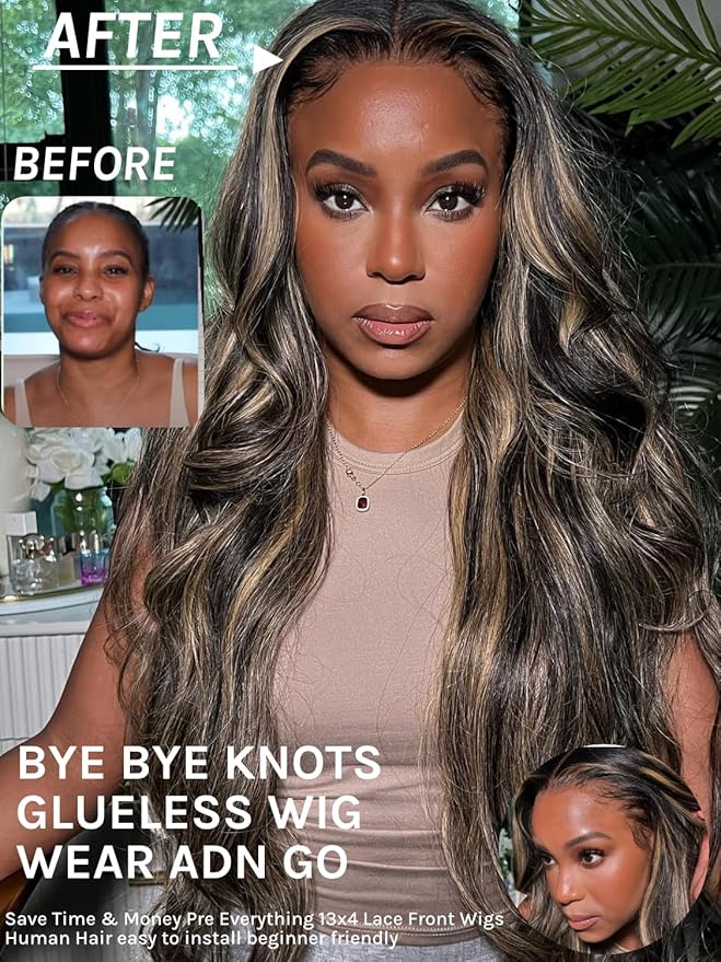 KLAIYI Bye Bye Knots Glueless Wig Human Hair 13x4 Balayage Highlight 3D Body Wave Precut Lace Front Wig with Baby Hair Black Mix Blonde Brown Pre Plucked Pre Bleached Knots Wig 30S Easy to Wear 22Inch