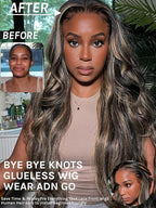 KLAIYI Bye Bye Knots Glueless Wig Human Hair 13x4 Balayage Highlight 3D Body Wave Precut Lace Front Wig with Baby Hair Black Mix Blonde Brown Pre Plucked Pre Bleached Knots Wig 30S Easy to Wear 22Inch