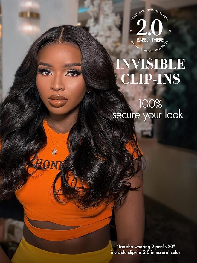 LUVME Invisible Clip in Hair Extensions,Body Wave 24 Inch 2 Pack 220g 12pcs Human Hair Invisible Clip ins Hair Extensions Natural Black Hair for Women