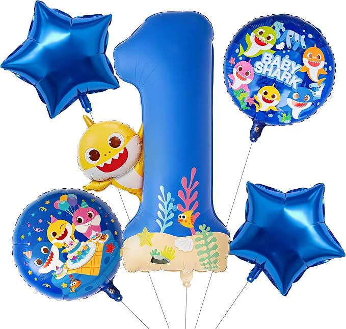 PartyWoo Baby Shark Blue Foil Round Star Mylar Number 1 Balloons 5pcs | Balloons by PartyWoo