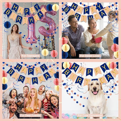 Navy Rose Gold Birthday Decorations | Happy Birthday Banner, Paper Honeycomb - Image 3