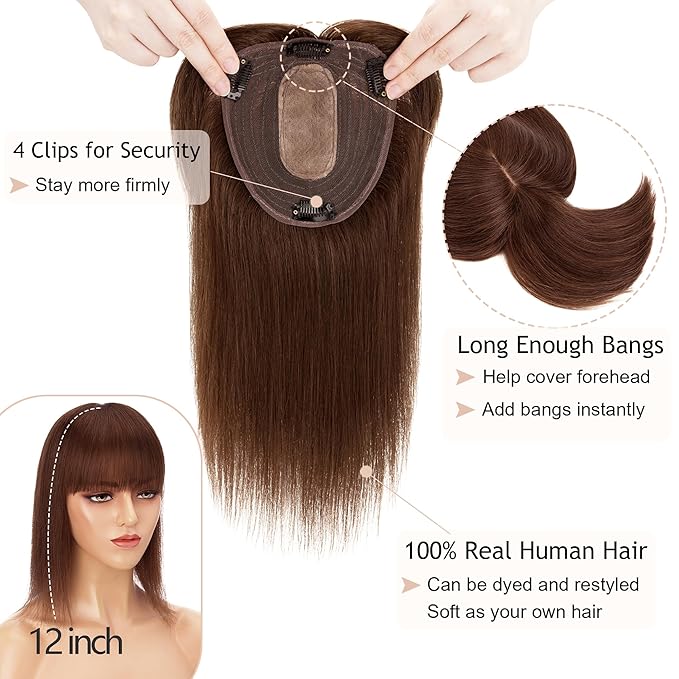 Hair Toppers for Women Real Human Hair With Bangs, 13 * 15 cm Larger Silk Base 150% Density Clip In Topper Hairpieces, Wiglet Top Pieces Add Volume -10 Inch 04 Medium Brown