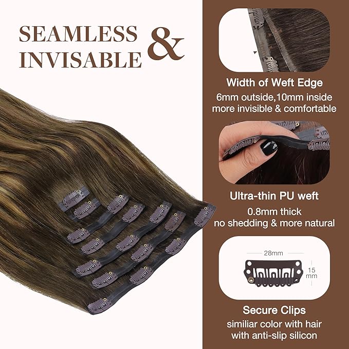 GOO GOO Clip in Hair Extensions Real Human Hair, Remy Human Hair Extensions Clip ins for Women, Natural Human Hair, 24inch 220g 9Pcs, #4/27/4 Balayage Chocolate Brown to Caramel Blonde