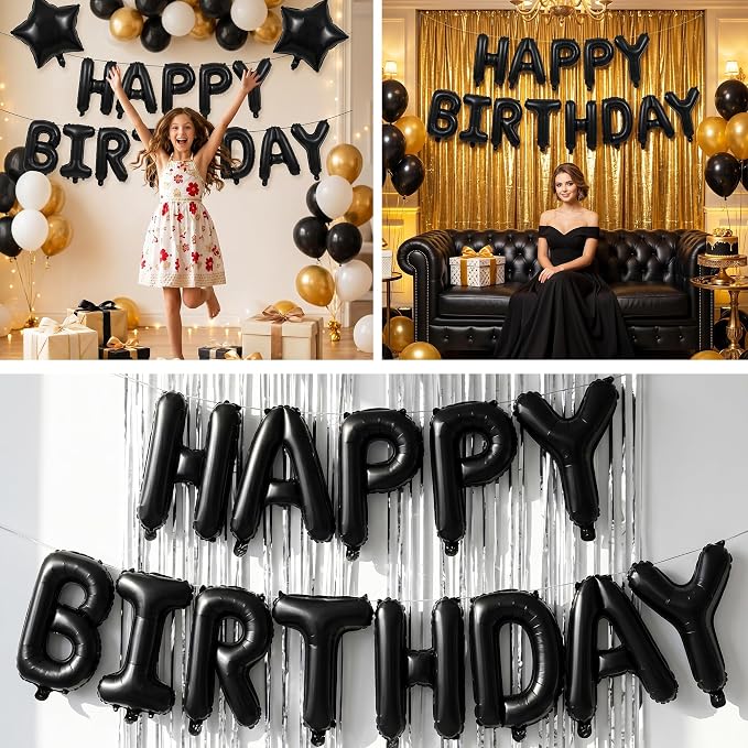 TONIFUL 16 Inch Black Happy Birthday Balloons Banner Decorations - Image 6