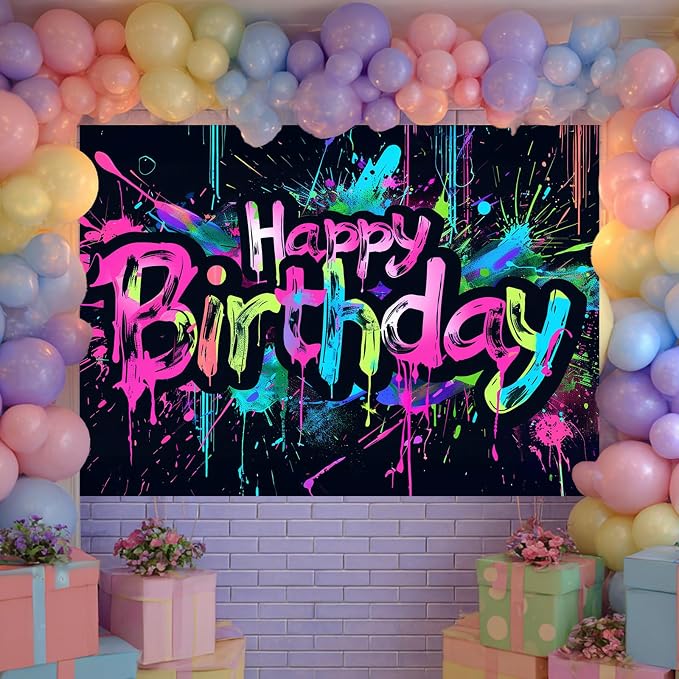 HOMETITUTE Neon Happy Birthday Banner 84x60 Inch Neon Supplies | Happy Birthday - Image 2
