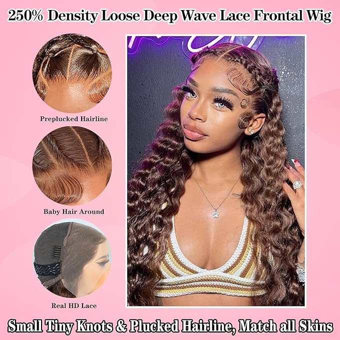 MEIMEI 30 Inch 250% Density HD Full Lace Front Wigs Human Hair Loose Deep Wave Chocolate Brown 15A Grade Real Full Large Lace Space Brown 13x4 Loose Wave Lace Frontal Wigs Human Hair Pre Plucked