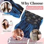 KooKaStyle Clip in Long Wavy Synthetic Hair Extension 24 Inch Blue - Black Streak 4PCS Thick Hairpieces Fiber Double Weft Hair for Women