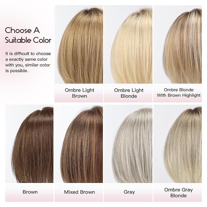 EMMOR Human Hair Toppers for Women Short Bob Real Hair with Bangs 10" Side Part Hairpieces for Women with Thin Hair 6.5" × 6.5" Larger Base Human Wig Toppers(Ombre Light Blonde)