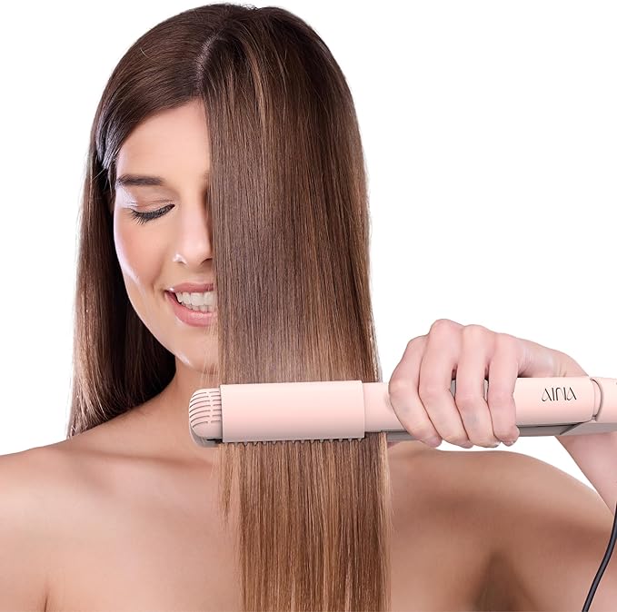 AINA Hair Straightener Comb, Flat Iron with Comb | Titanium Iron 450F | Dual Voltage Hair Straightening | Curling 2 in1 | Resolve Tangled | frizz Free (Babe Pink)
