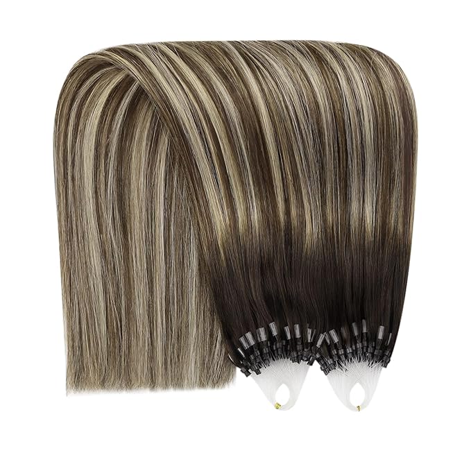 YoungSee Micro Bead Hair Extensions Real Human Hair Balayage Micro Ring Hair Extensions Human Hair Ombre Dark Brown to Blonde Beaded Hair Extension 22 Inch for Date Nights 50g 50s