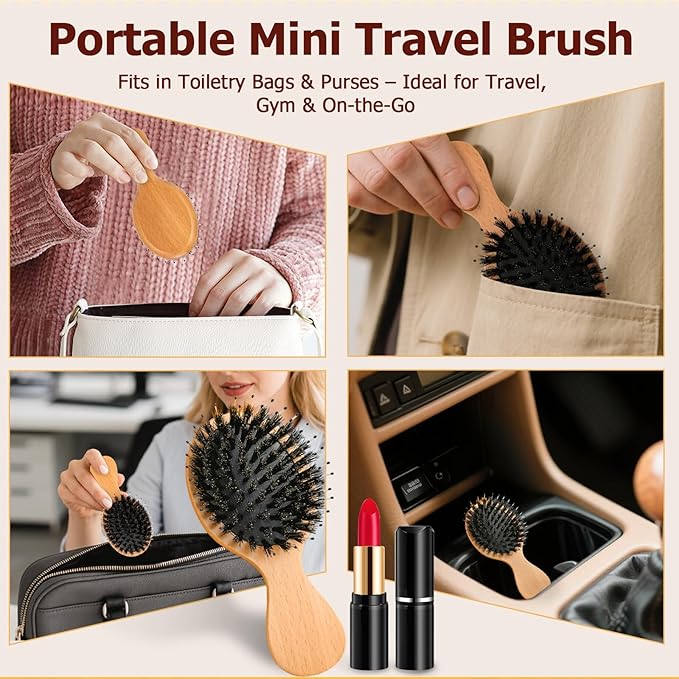 Travel Hair Brush, Mini Boar Bristle Hair Brush for Women Gift- Small Portable Compact HairBrush for Girls Kids Women Best Gift, Travel Size for Purse, Vacation, Business Trips & Outings