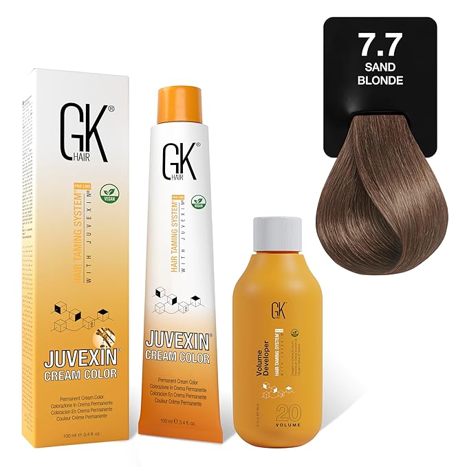 GK HAIR Global Keratin Sand 7.7 Blonde Hair Color Cream Tube (3.4 Fl Oz/100ml) + 20 Volume Developer (5 Fl Oz/150ml) - Professional Permanent Long Lasting Toner Dye